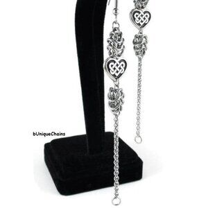 Endless Celtic Knot Heart Silver Steel Chainmail Steampunk Chain Link Earrings